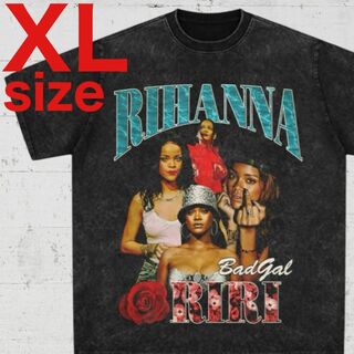 Rihanna　リアーナ　ローズ　プリント　ラップ　Tシャツ　ブラック　XL(Tシャツ/カットソー(半袖/袖なし))