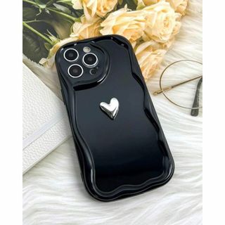 韓国 iPhoneケース ブラック ハート シンプル ウェーブ オシャレ(iPhoneケース)