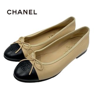 シャネル(CHANEL)のシャネル CHANEL フラットシューズ 靴 シューズ レザー ベージュ ブラック バレエシューズ ココマーク リボン(バレエシューズ)