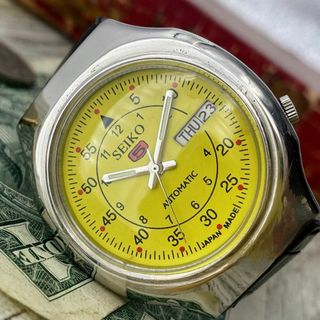 セイコー(SEIKO)の【レトロなデザイン】セイコー5 メンズ腕時計 イエロー 自動巻き ヴィンテージ(腕時計(アナログ))