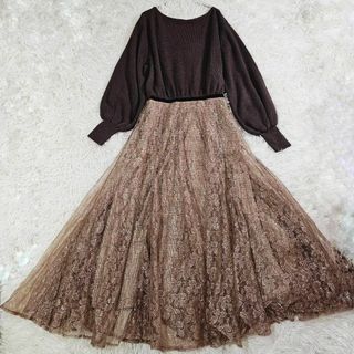 リリーブラウン(Lily Brown)の美品☆リリーブラウン ドッキングワンピース ニット アンゴラ レース リボン 茶(ロングワンピース/マキシワンピース)