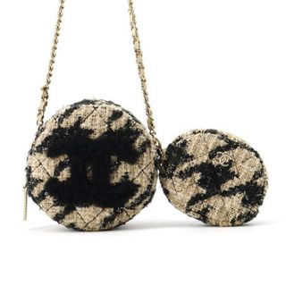 シャネル(CHANEL)のシャネル チェーンショルダーバッグ ココマーク ラウンド 千鳥柄 ツイード ボア AP0986 CHANEL バッグ 黒(ショルダーバッグ)