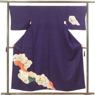 訪問着 着物 身丈155cm 裄70cm 前幅24cm 後幅30cm 袖丈45cm 袖幅35cm レディース 袷 花柄 裄長 裄L-LLサイズ 秋冬春用 正絹（シルク）紫地 やや難 リサイクル リメイク リユース【中古】(着物)