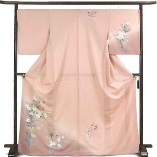 訪問着 着物 身丈172cm 裄70cm 前幅26cm 後幅29cm 袖丈53cm 袖幅35.5cm レディース 袷 花柄 裄長 裄L-LLサイズ 秋冬春用 ポリエステル ピンク地 トールサイズ 美品 さんび リサイクル リメイク リユース【中古】(着物)