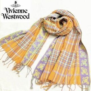 ヴィヴィアンウエストウッド(Vivienne Westwood)のヴィヴィアンウエストウッド マドラスチェック 大判ストール オーブ刺繍 オレンジ(ストール/パシュミナ)