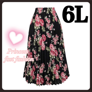【6L／ブラック】薔薇柄 細プリーツ ロングスカート 大きいサイズ レディース(ロングスカート)