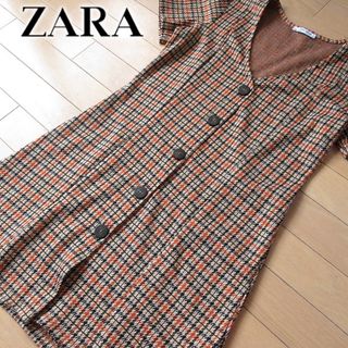 ザラ(ZARA)の美品 (EUR)M ザラ ZARA チェック柄ワンピース ブラウン(ミニワンピース)