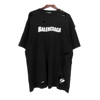 Balenciaga - バレンシアガ BALENCIAGA ■ 21SS 【 651795 TKVB8 】 デストロイ加工 ロゴ プリント 半袖 Tシャツ　h0837