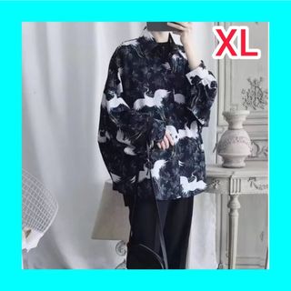 メンズ シャツ 黒 XL 鳥 プリント 長袖 ゆったり(シャツ)