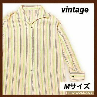 ヴィンテージ(VINTAGE)のvintage ポリシャツ 長袖シャツ 柄シャツ M 古着 ボーダー 英国製 茶(シャツ/ブラウス(長袖/七分))