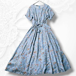 ローラアシュレイ(LAURA ASHLEY)の美品☆ローラアシュレイ ロングワンピース 小花柄 ギャザー パフスリーブ リボン(ロングワンピース/マキシワンピース)