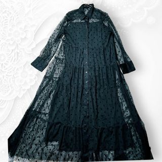 ザラ(ZARA)の美品☆ザラ ロングワンピース チュール ドット ティアード レース マキシ 総柄(ロングワンピース/マキシワンピース)