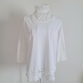 ◆美品◆オフホワイト◆チュール◆ハイネック◆レース◆カットソー◆八分袖◆M～L◆(カットソー(長袖/七分))