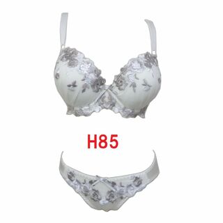 H85/LL・ホワイト　大花柄刺繍ブラジャー＆ショーツ　グラマーサイズ　新品(ブラ&ショーツセット)