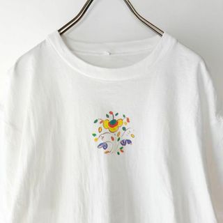 USED 古着 ワンポイント お花 花柄 ホワイト tee tシャツ(Tシャツ(半袖/袖なし))