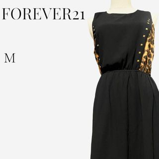 フォーエバートゥエンティーワン(FOREVER 21)の【大人気デザイン◎】FOREVER21 レオパード柄ブラックドレス M アニマル(ロングワンピース/マキシワンピース)