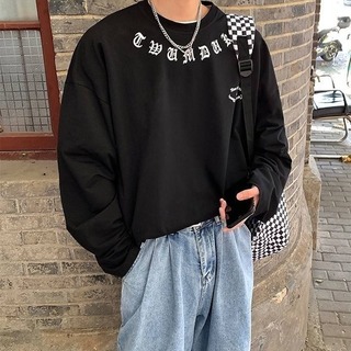 ロンT シャツ バックプリント オーバーサイズ ゆったり シンプル 黒 XL(Tシャツ/カットソー(七分/長袖))