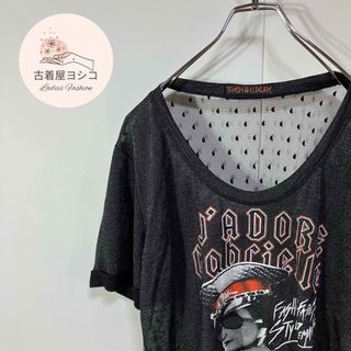 【半袖Tシャツ　プリント　シースルーデザイン　光沢　ロールアップ　黒　古着】(Tシャツ(半袖/袖なし))