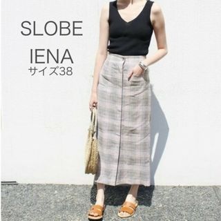 イエナ(IENA)のSLOBE IENA 麻混チェックタイトスカート　グレー38(ロングスカート)