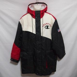 チャンピオン(Champion)の【中古】 【送料無料】 古着 メンズM Champion/チャンピオン 中綿 ハーフコート ベンチコート フード フルジップ ボタンダウン 防寒 観戦 移動 ブラック C4-7607(その他)