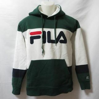 フィラ(FILA)の古着 メンズL FILA/フィラ 裏起毛 スウェットパーカー フーディ プルオーバー スポーツ カジュアル グリーン/ホワイト FH7438(その他)