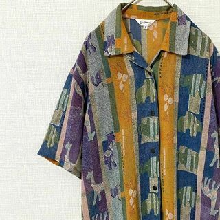 ナチュラルヴィンテージ(natuRAL vintage)のシャツ 半袖 ストライプ アート アニマル 動物 総柄 マルチカラー M相当(シャツ)