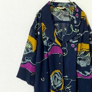 ナチュラルヴィンテージ(natuRAL vintage)のシャツ 半袖 アート 総柄 ビッグシルエット 太アーム ネイビー(シャツ)