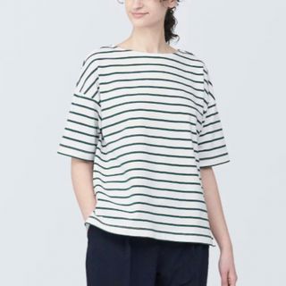 ムジルシリョウヒン(MUJI (無印良品))の無印良品ボーダーボートネック半袖TシャツLサイズ グリーンボーダー新品！着やすい(Tシャツ(半袖/袖なし))