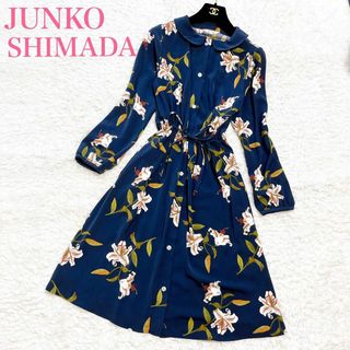 ジュンコシマダ(JUNKO SHIMADA)の美品 ジュンコシマダ ワンピース フレア 膝丈 花柄 リボン M(ひざ丈ワンピース)