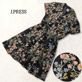 ジェイプレス(J.PRESS)のジェイプレス ✿ 花柄 シャツワンピース M ブラック 半袖 総柄 膝丈 夏(ひざ丈ワンピース)