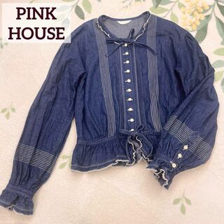ピンクハウス(PINK HOUSE)の希少 ピンクハウス PINKHOUSE デニム フリル ブラウス リボン 刺繍(シャツ/ブラウス(長袖/七分))