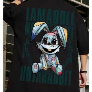 【限定】うさぎ バックプリント Tシャツ ビッグサイズ XL 黒 ユニセックス(Tシャツ/カットソー(半袖/袖なし))