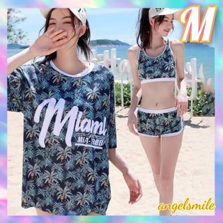 新品 レディース Mサイズ 2way リーフ柄シャツ水着 3点セット 親子コーデ(水着)