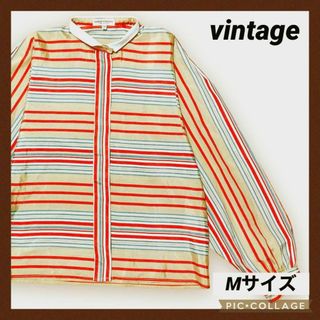 ヴィンテージ(VINTAGE)のvintage ポリシャツ 長袖シャツ 柄シャツ M 古着 ボーダー 英国製 茶(シャツ/ブラウス(長袖/七分))