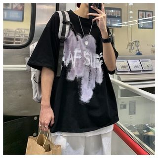 Tシャツ 英字プリント カジュアル ゆったり メンズ レディース ブラック XL(Tシャツ/カットソー(半袖/袖なし))