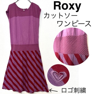 ロキシー(Roxy)のRoxyロキシー/薄手ストライプ柄ノースリーブカットソーワンピースロゴ刺繍 綿混(ひざ丈ワンピース)