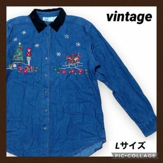 ヴィンテージ(VINTAGE)のvintage 長袖シャツ デニムシャツ ベロア襟 Lシャンブレーシャツ 刺繍(シャツ/ブラウス(長袖/七分))