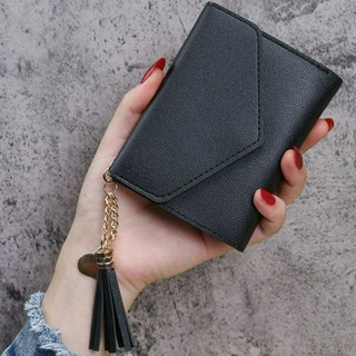 三つ折り　財布　ハート　ブラック　フリンジ　タッセル　カード　お札入れ　薄型(財布)