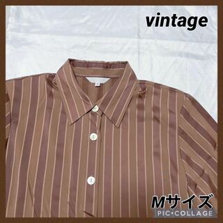vintage ポリシャツ 柄シャツ モード 長袖 M レディース 古着 茶色(シャツ/ブラウス(長袖/七分))