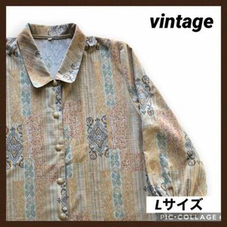 ヴィンテージ(VINTAGE)のvintage ポリシャツ 柄シャツ モード 長袖 LL レディース 古着(シャツ/ブラウス(長袖/七分))