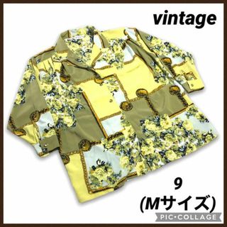 vintage ポリシャツ 柄シャツ 9 Mサイズ チェーン柄 古着 緑 女子(シャツ/ブラウス(長袖/七分))