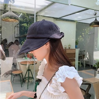 【早い者勝ち】 レディース 帽子 リボン シンプル UVカット 韓国 ブラック(キャップ)