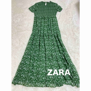ザラ(ZARA)のZARA 美品フラワープリントシャーリングティアードワンピース(M)緑　ロング(ロングスカート)