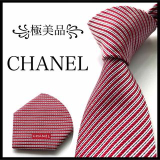 シャネル(CHANEL)の꧁極美品꧂ 現行 シャネル ネクタイ ナロータイ ココマーク ストライプ レッド(ネクタイ)