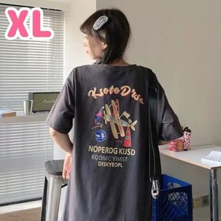 ★フォロー割あり★ レトロ プリント Tシャツ グレー XL メンズ レディース(Tシャツ(半袖/袖なし))