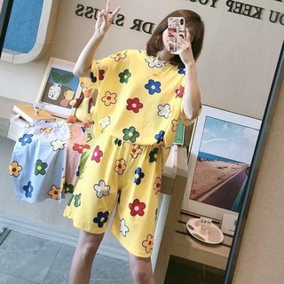 【超レア】パジャマ 花柄 女性 セット Tシャツ ハーフパンツ イエロー XL(ルームウェア)