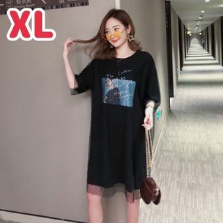 ★大人気★ ドット チュール プリント Tシャツ XL ブラック ワンピース(ひざ丈ワンピース)