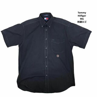 トミーヒルフィガー(TOMMY HILFIGER)のXLトミーヒルフィガー 半袖シャツ メンズ 90s   黒 ブラック  旧ロゴ(シャツ)