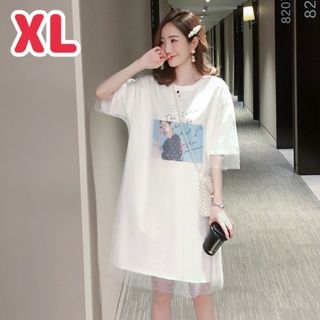 ★売れてます★ ドット チュール Tシャツ ワンピース XL ホワイト トップス(ひざ丈ワンピース)