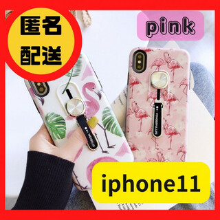 iPhoneケース ピンクフラミンゴ フィンガーベルト 落下防止 IP11